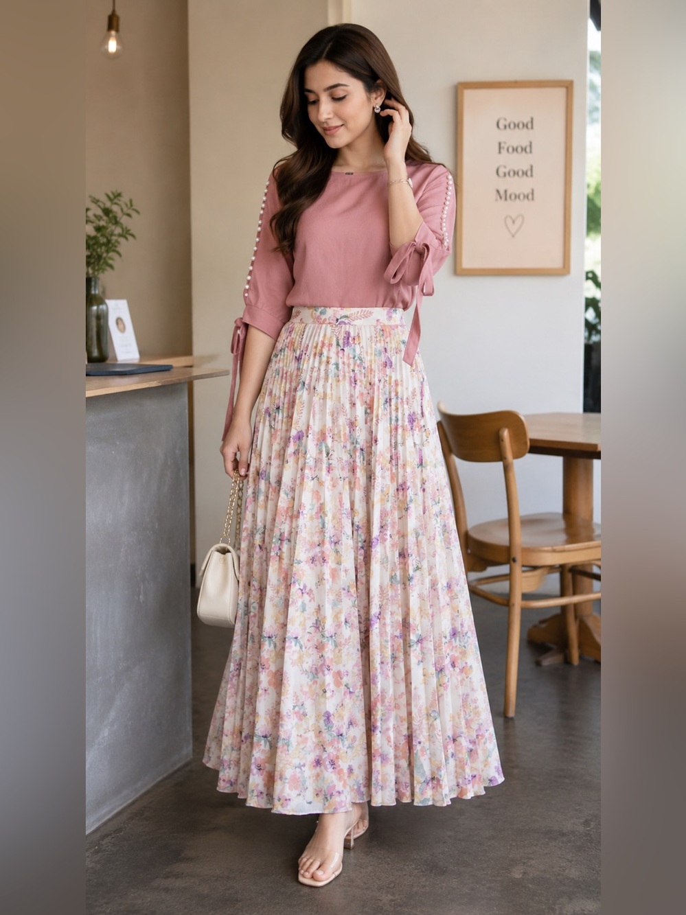 NYC Floral Pleated Maxi Skirt and Blush pink top both together